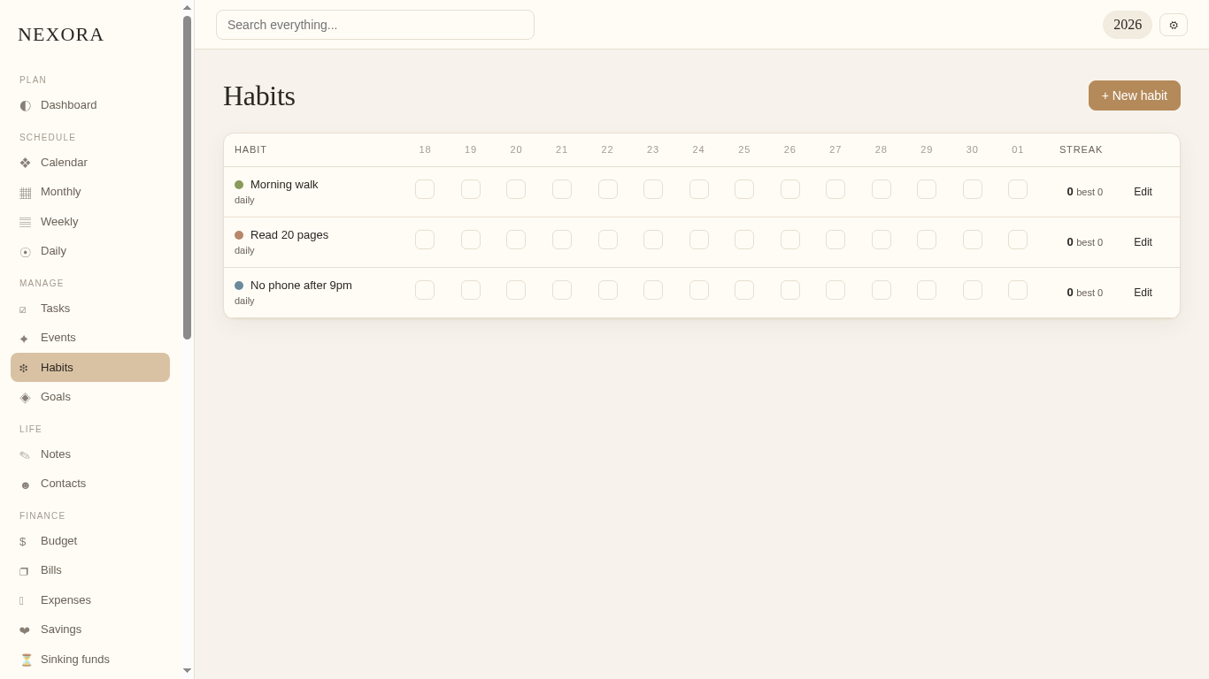 NEXORA habit tracker — offline streak grid for daily habits with no notifications or shame