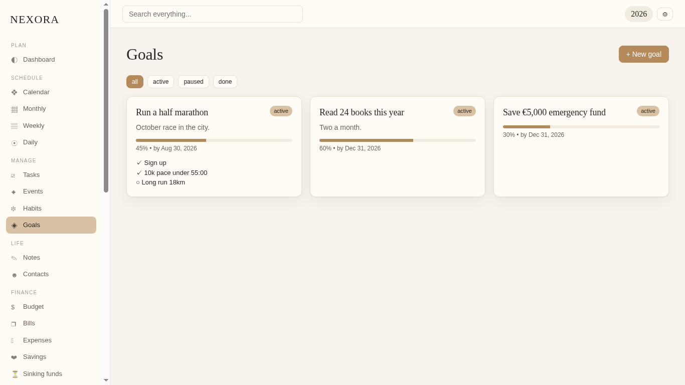 NEXORA goals view — long-term goal tracker with progress bars and milestones, fully offline