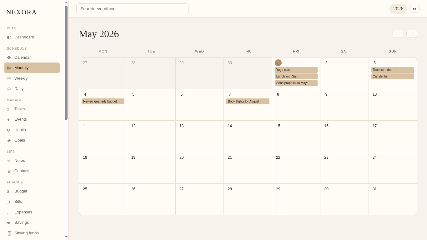NEXORA monthly calendar view — the whole month at a glance for time-blind ADHD planning