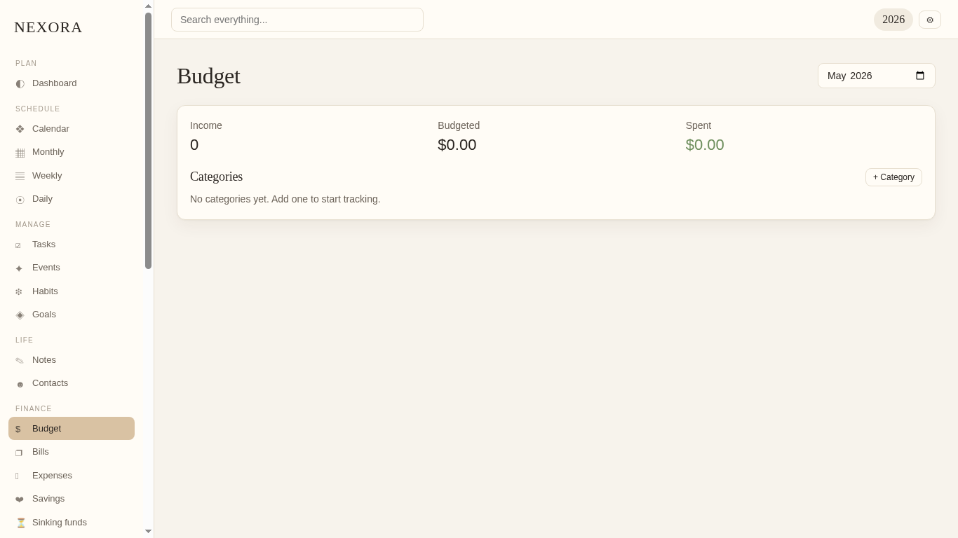 NEXORA budget page — offline monthly budget with categories, planned and spent amounts for variable income