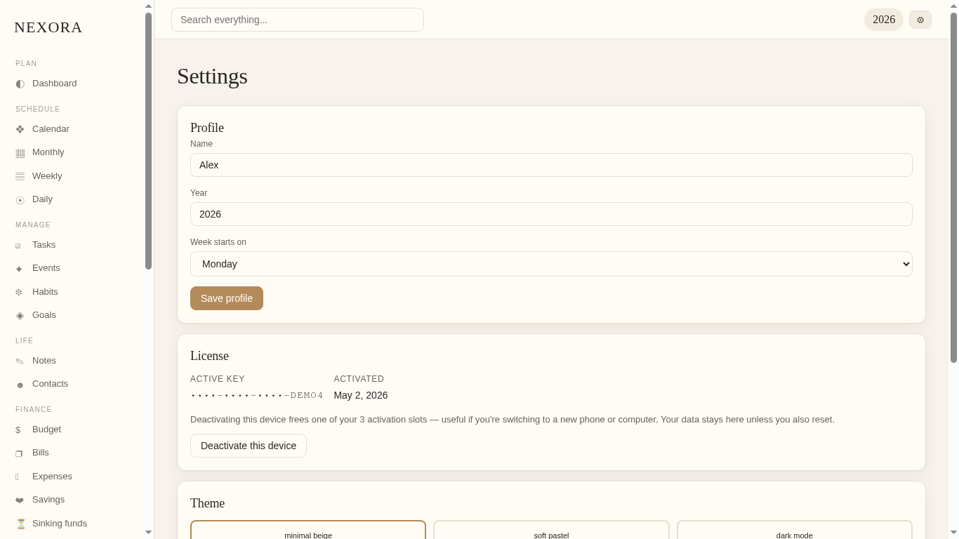 NEXORA settings — profile and license management with up to three device activations