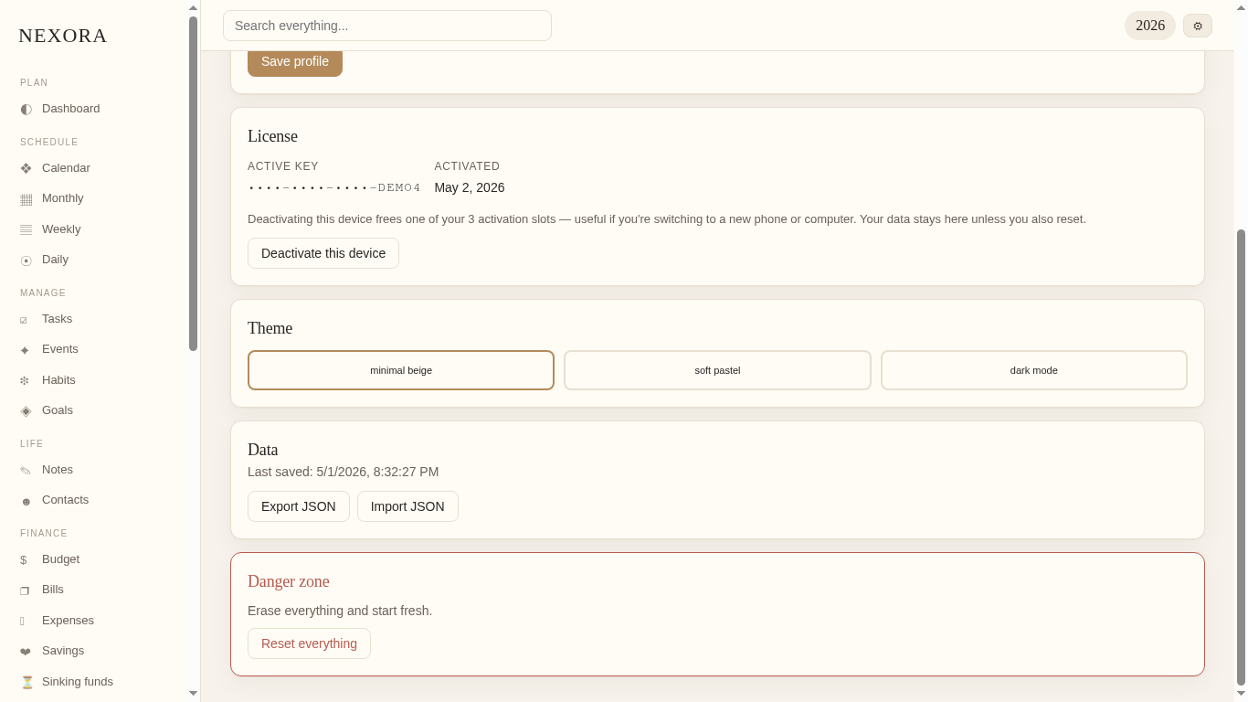NEXORA Settings → Data — export and import your tasks, habits and notes as a JSON backup file
